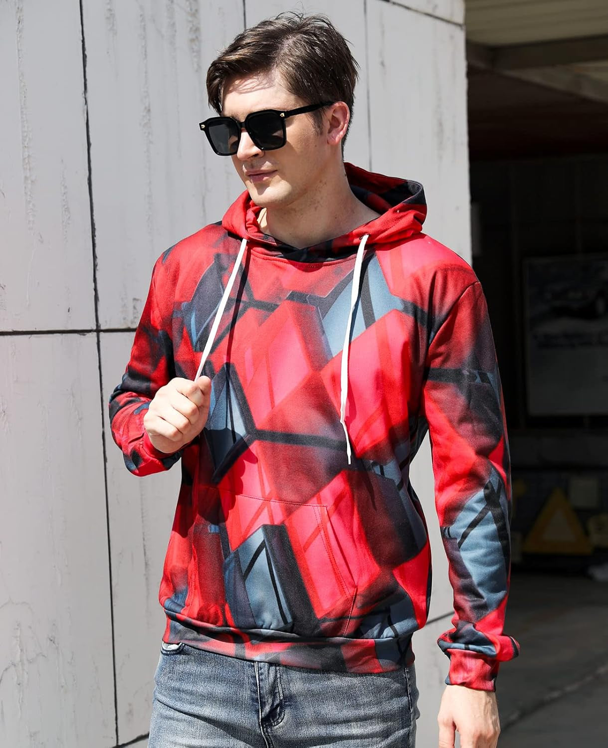 3D Graphic Hoodies Women Mens Cool Color Block Thicken Sweatshirt with Drewatring Long Sleeve Jacket Shirt with Big Pocket L